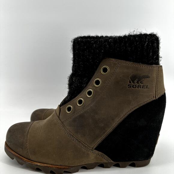 Sorel Joanie Sweater Wedge Boots Slip On Waterproof Snow Leather Tan Black 8.5 - Picture 4 of 7